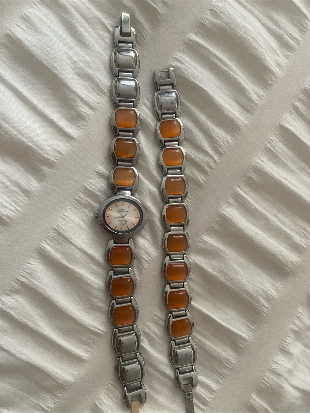Vintage Stainless Link women Watch with Amber Inset Accents